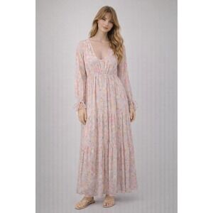 Mable Floral Print V Neck Tiered Maxi Dress Lilac Long Sleeve Button Front Small